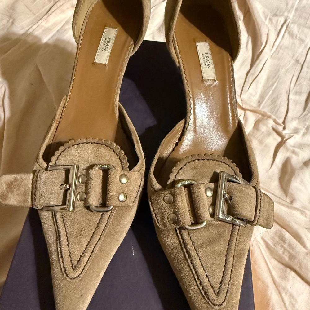 Prada Tan Suede Heels with Buckle Detail